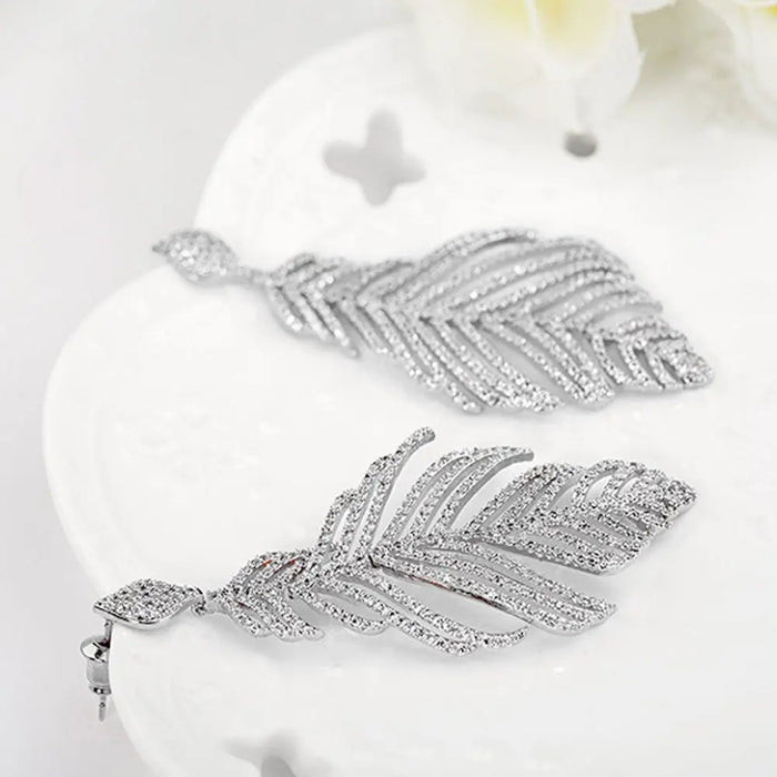 Long Dangle Feather Statement Earrings for Wedding (2 Colours) - The Wedding Garter