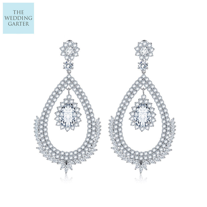 Long Dangle Round CZ Diamond Chandelier Earrings - The Wedding Garter