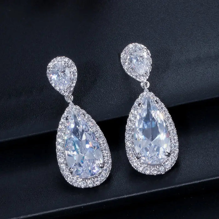 Long Teardrop Cubic Zirconia Diamond Bridal Earrings - The Wedding Garter
