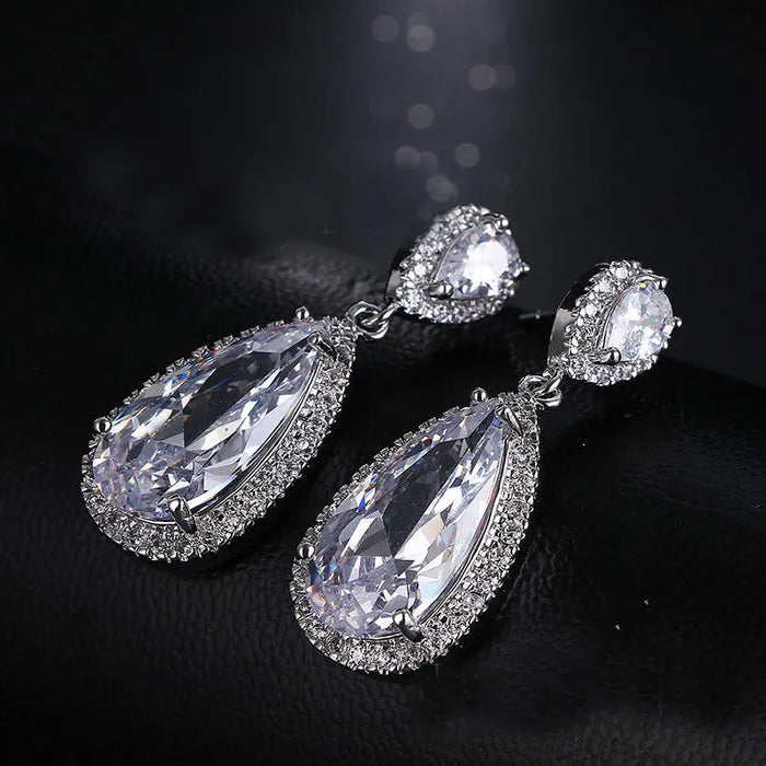 Long Teardrop Cubic Zirconia Diamond Bridal Earrings - The Wedding Garter