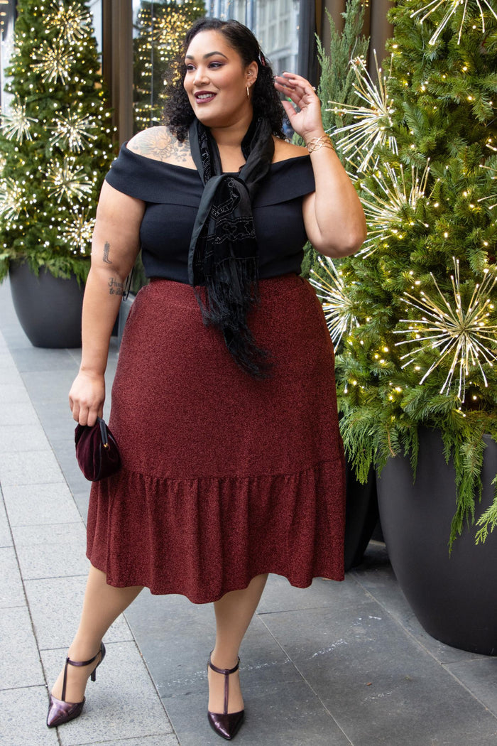 Lurex Tiered Midi Skirt - Bordeaux