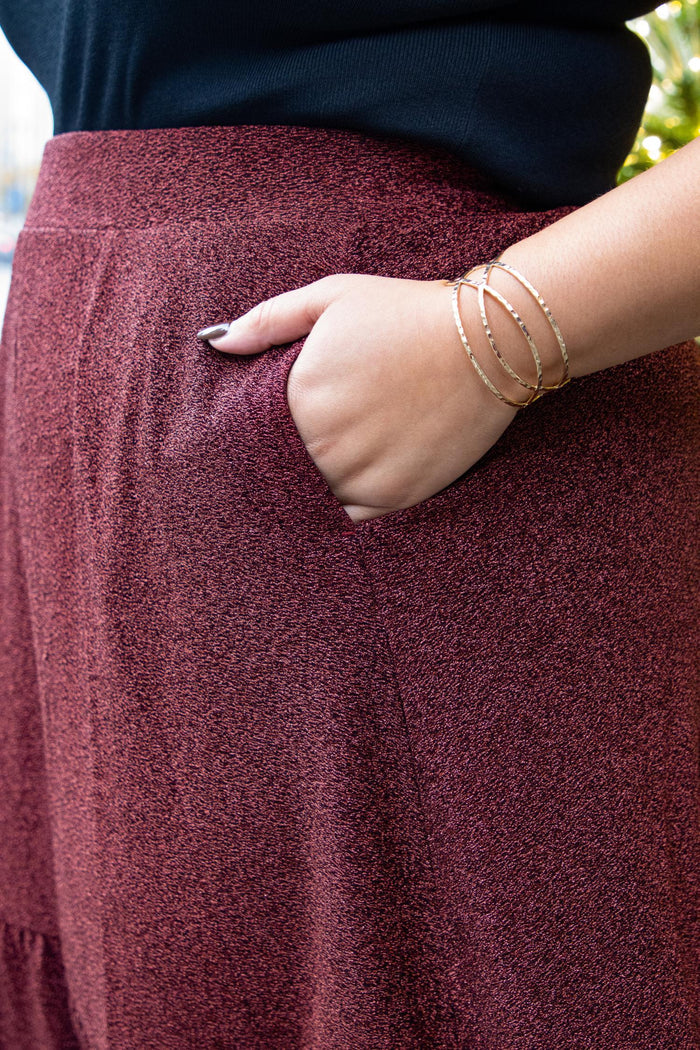 Lurex Tiered Midi Skirt - Bordeaux