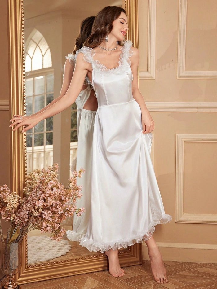 LuxeNights Floral Trim Decor Backless Women's Long Charmeuse Nightgown