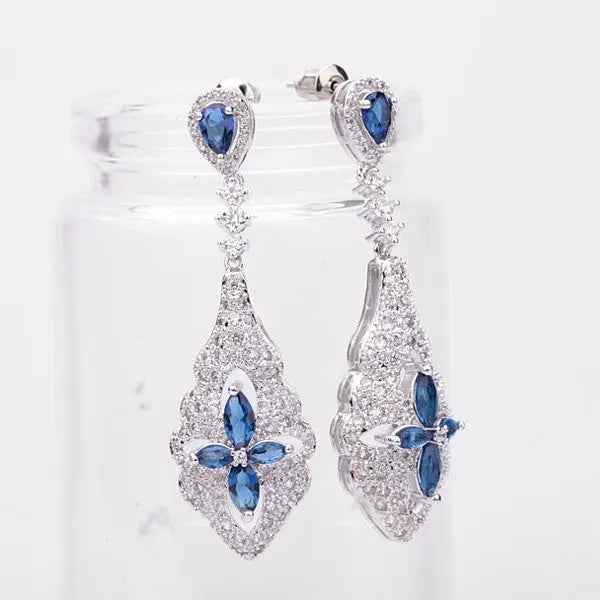 Luxury Blue CZ Diamond Long Dangle Bridal Earrings - The Wedding Garter