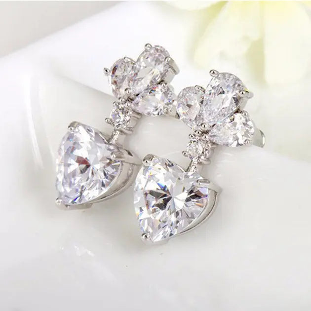 Luxury Clear Zircona Heart Shaped Diamond Drop Bridal Earrings - The Wedding Garter