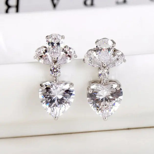 Luxury Clear Zircona Heart Shaped Diamond Drop Bridal Earrings - The Wedding Garter