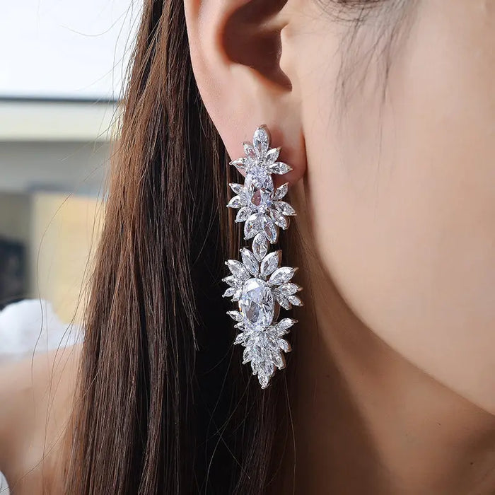 Luxury Cubic Zirconia Long Dangle Wedding Earrings - The Wedding Garter