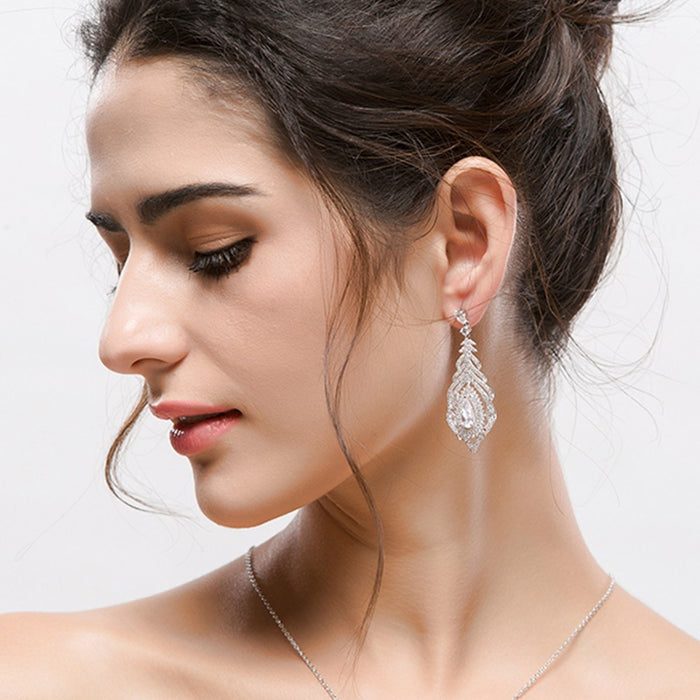 Luxury CZ Diamond Long Dangle Feather Earrings - The Wedding Garter