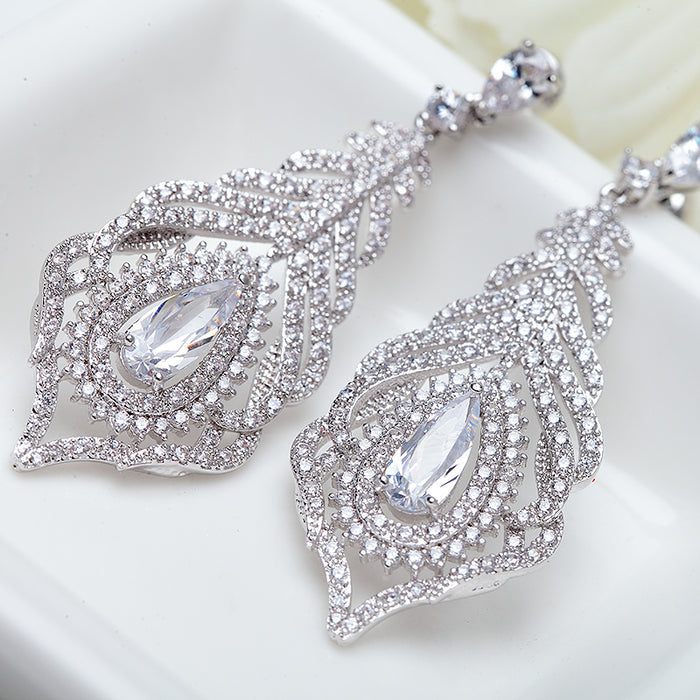 Luxury CZ Diamond Long Dangle Feather Earrings - The Wedding Garter
