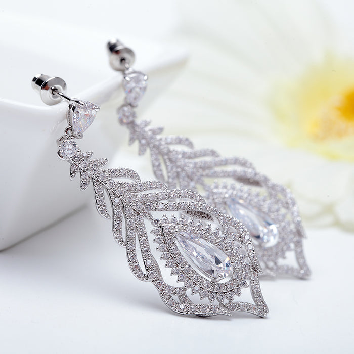 Luxury CZ Diamond Long Dangle Feather Earrings - The Wedding Garter