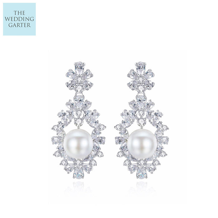 Luxury CZ Diamond & White Pearl Drop Bridal Earrings - The Wedding Garter