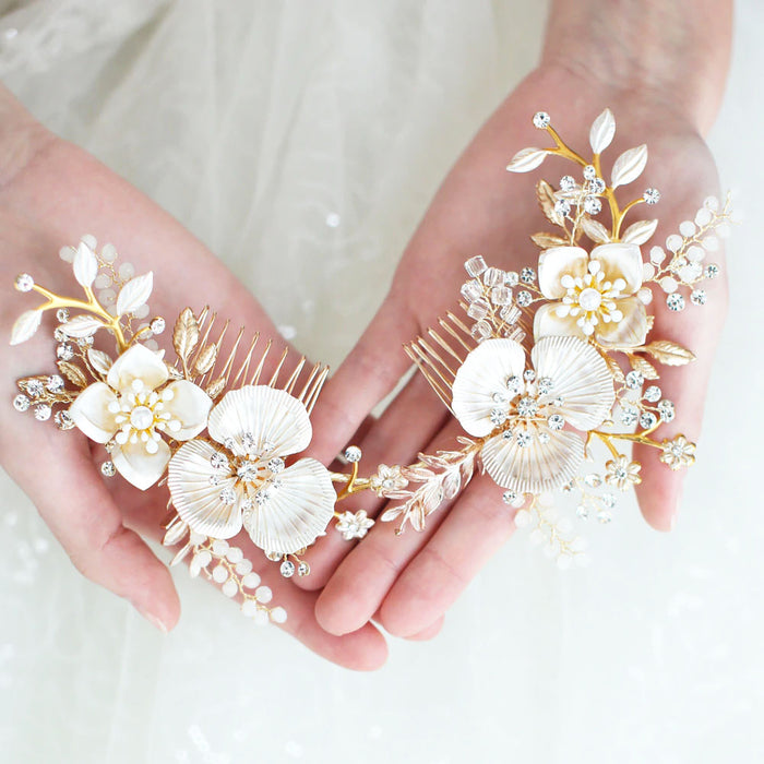 Luxury Gold & Blush Pink Bridal Head Piece Comb - The Wedding Garter