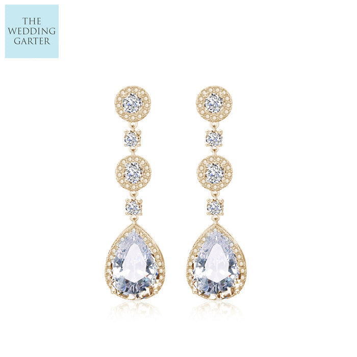 gold long drop bridal earrings
