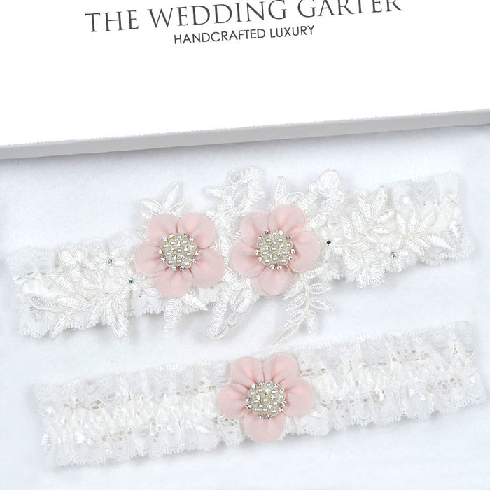 Luxury Ivory Lace Applique Garter Set With Pink Flowers - The Wedding Garter