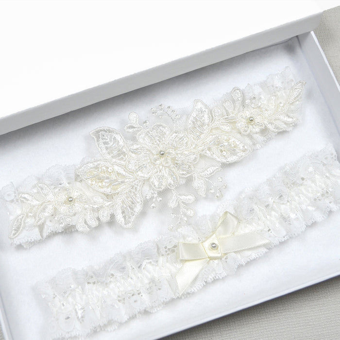 Luxury Ivory Lace Floral Bridal Set With Beaded Applique - The Wedding Garter