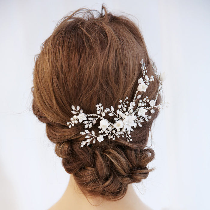 Luxury Ivory Porcelain & Silver Floral Bridal Headpiece Vine - The Wedding Garter