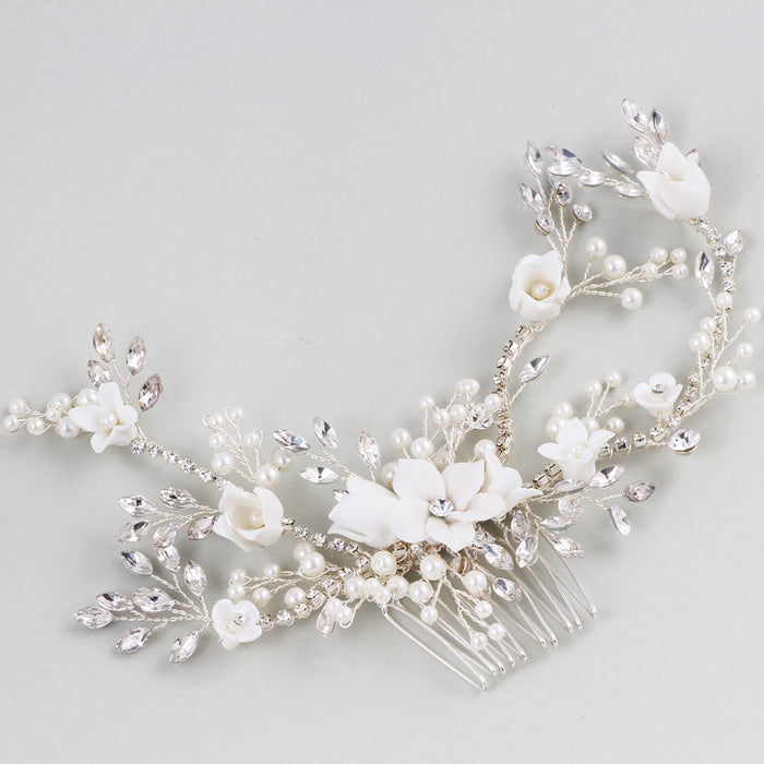 Luxury Ivory Porcelain & Silver Floral Bridal Headpiece Vine - The Wedding Garter