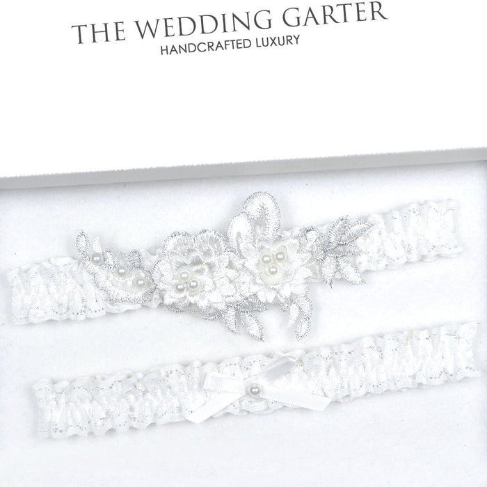 Luxury Ivory & Silver Floral Applique Garters - The Wedding Garter
