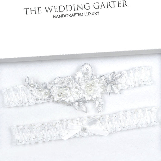 Luxury Ivory & Silver Floral Applique Garters - The Wedding Garter