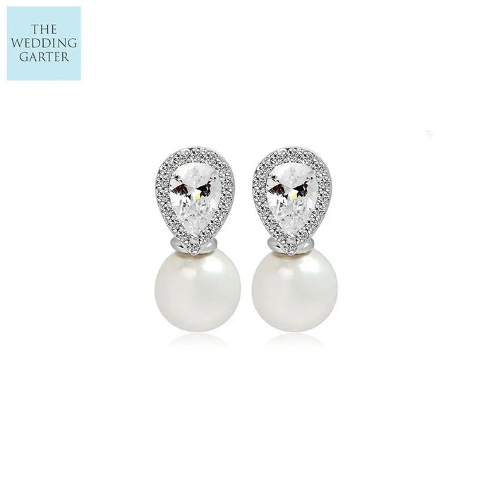 Luxury Pearl & CZ Diamond Stud Bridesmaid Earrings - The Wedding Garter