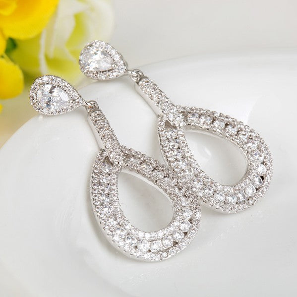 Luxury Round Micro Paved Long Drop Bridal Earrings - The Wedding Garter