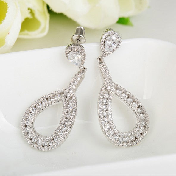 Luxury Round Micro Paved Long Drop Bridal Earrings - The Wedding Garter
