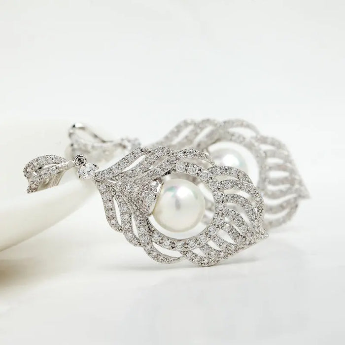 Micro Paved CZ Diamond & Pearl Feather Drop Bridal Earrings - The Wedding Garter