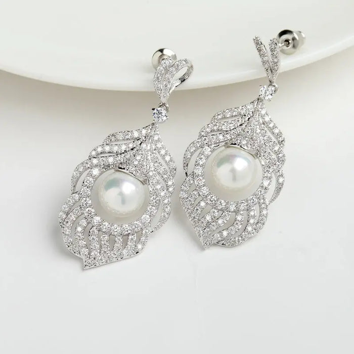 Micro Paved CZ Diamond & Pearl Feather Drop Bridal Earrings - The Wedding Garter
