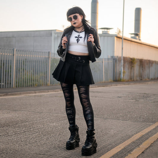 Mixed Denier Tights - Torn - Black