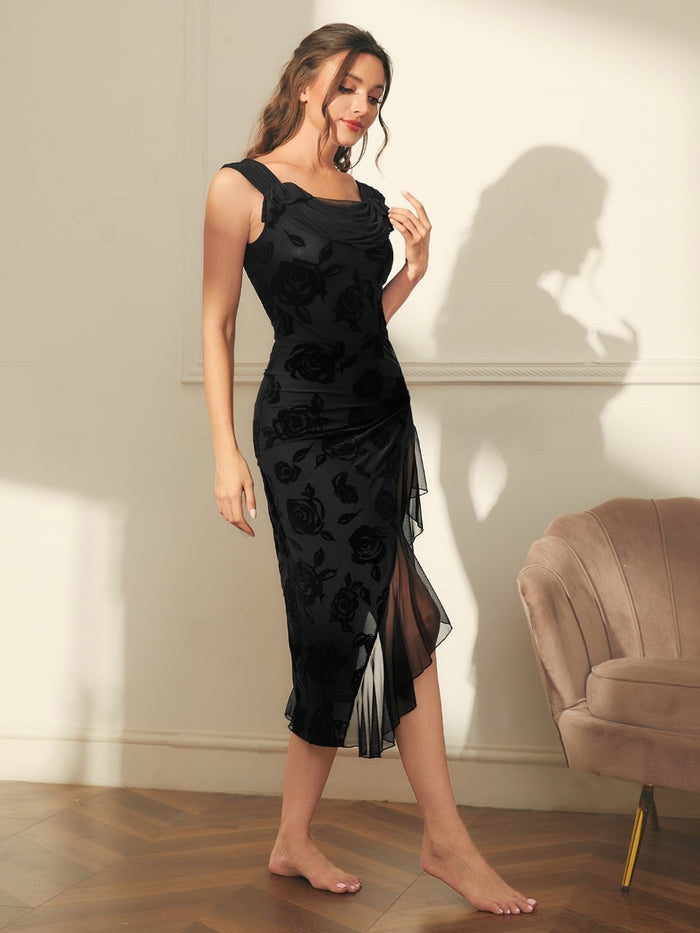 Modely Floral Print Draped Collar Contrast Mesh Asymmetrical Hem Nightdress