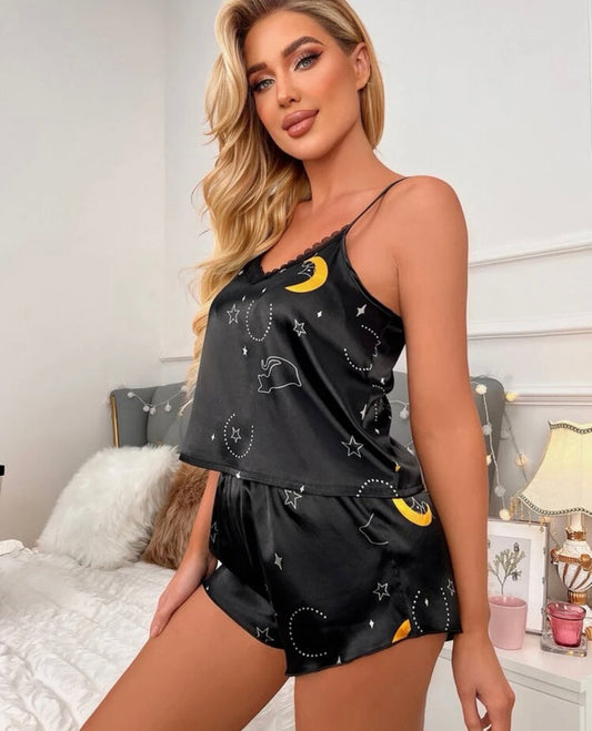 Moon and Star Print Lace Trim Cami Top & Shorts PJ Set