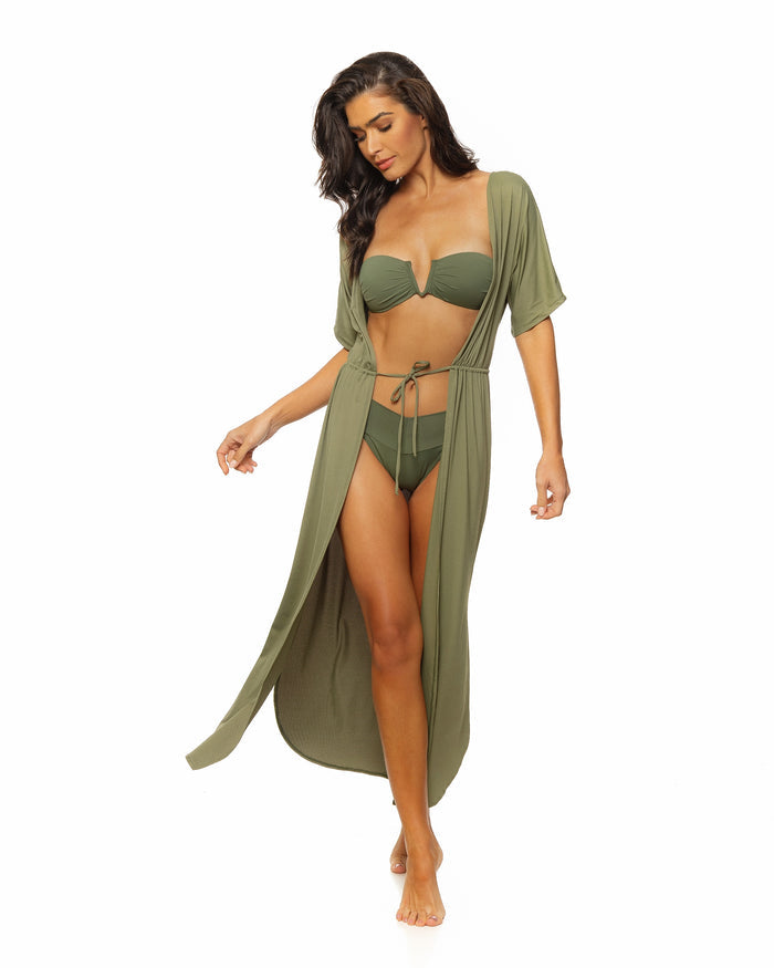 Olive Tie Front  Long Kimono Cover-up