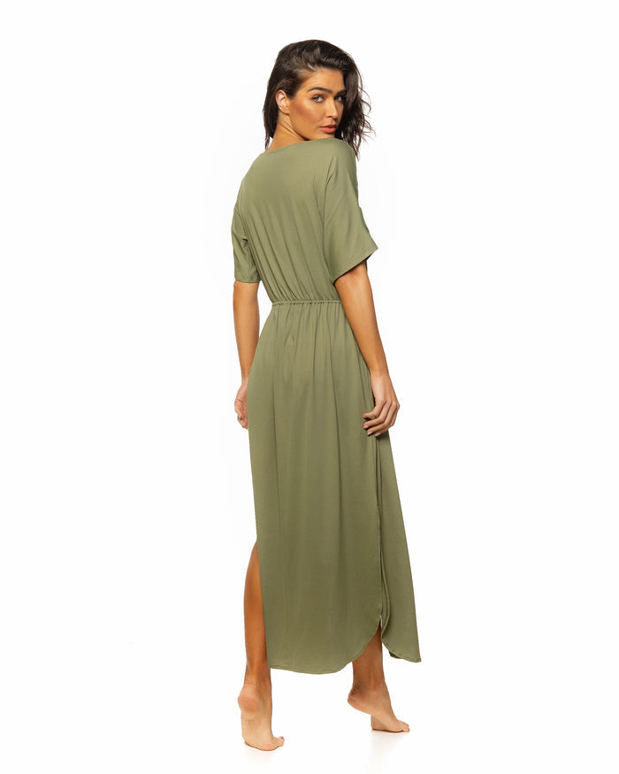 Olive Tie Front  Long Kimono Cover-up