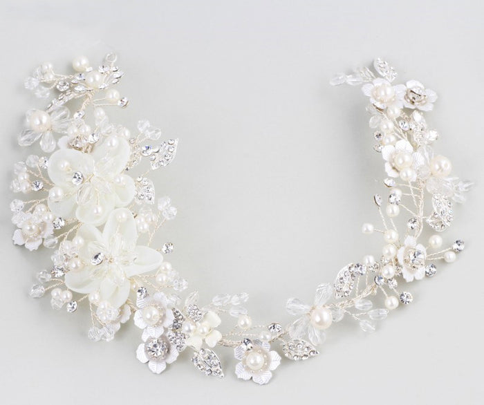 Organza Floral Ivory Pearl & Crystal Bridal Crown - The Wedding Garter