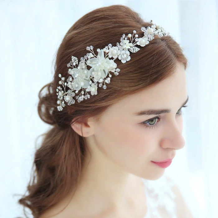 Organza Floral Ivory Pearl & Crystal Bridal Crown - The Wedding Garter