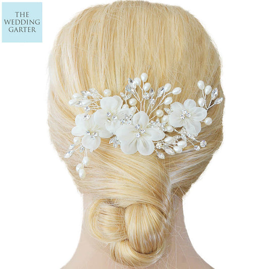 Organza Flower Crystal Wedding Headpiece Clip - The Wedding Garter
