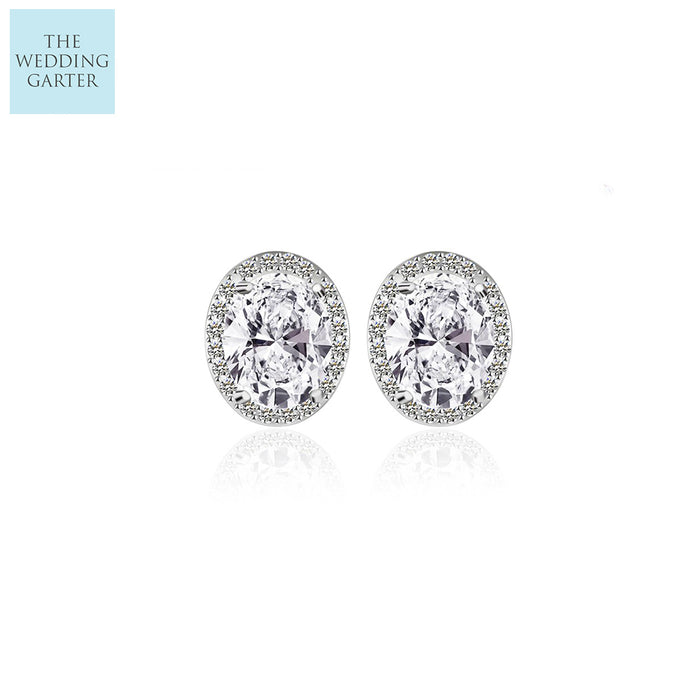 Oval Cut Clear Cubic Zirconia 925 Sterling Silver Halo Stud Earrings - The Wedding Garter