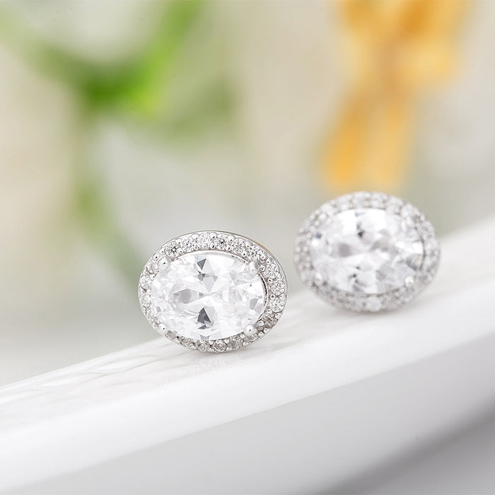 Oval Cut Clear Cubic Zirconia 925 Sterling Silver Halo Stud Earrings - The Wedding Garter