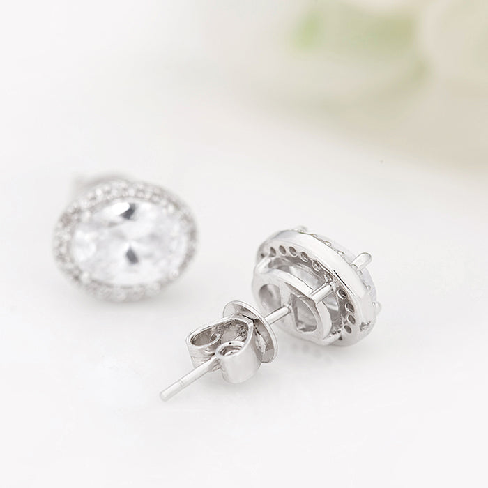 Oval Cut Clear Cubic Zirconia 925 Sterling Silver Halo Stud Earrings - The Wedding Garter