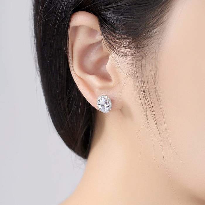 Oval Cut Clear Cubic Zirconia 925 Sterling Silver Halo Stud Earrings - The Wedding Garter