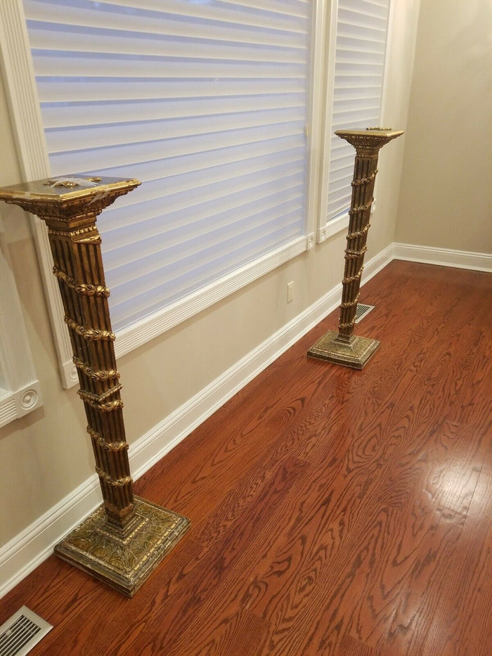 Pair of Gilded Wood Posts Columns - Diamonds Sapphires Rubies Emeralds
