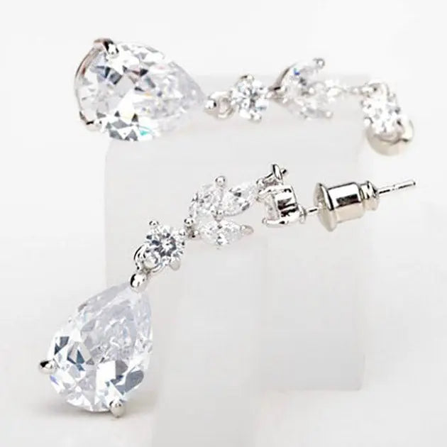 Pear Cubic Zirconia Crystal Dangle Drop Wedding Earrings - The Wedding Garter