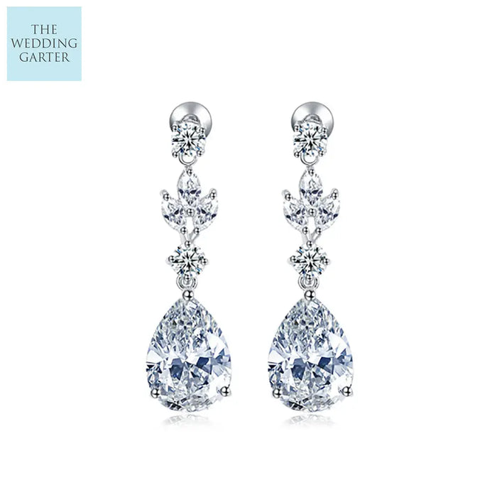 Pear Cubic Zirconia Crystal Dangle Drop Wedding Earrings - The Wedding Garter