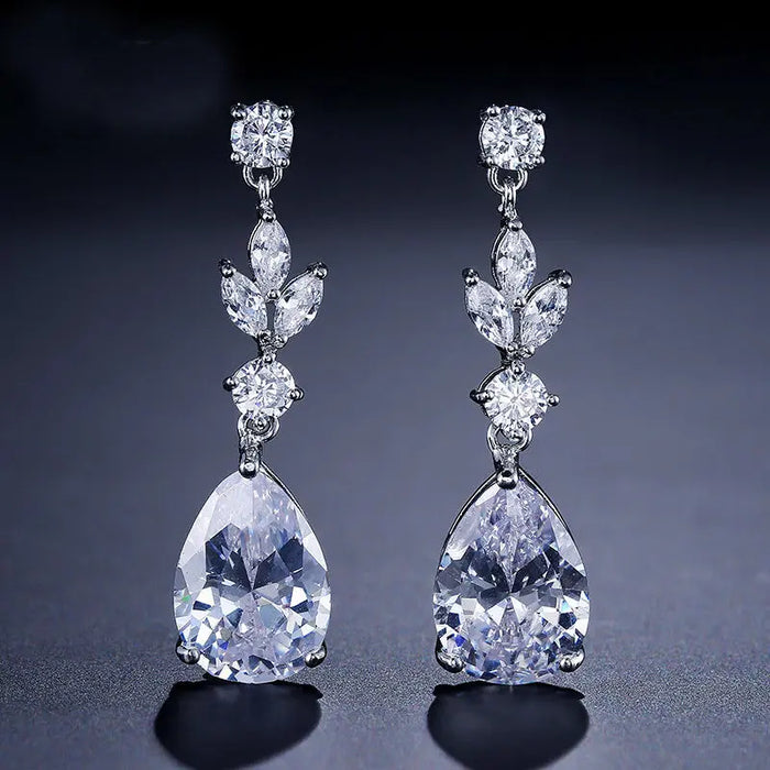 Pear Cubic Zirconia Crystal Dangle Drop Wedding Earrings - The Wedding Garter