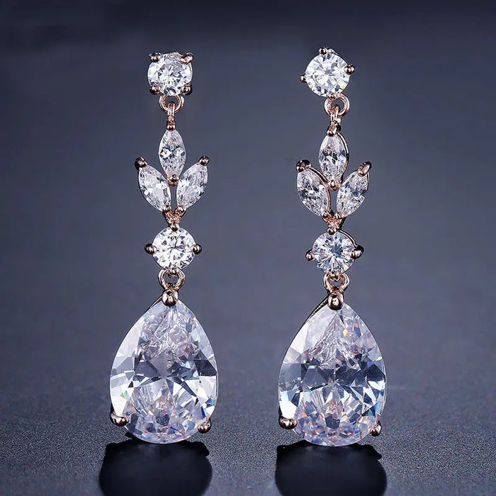 Pear Cubic Zirconia Crystal Dangle Drop Wedding Earrings - The Wedding Garter