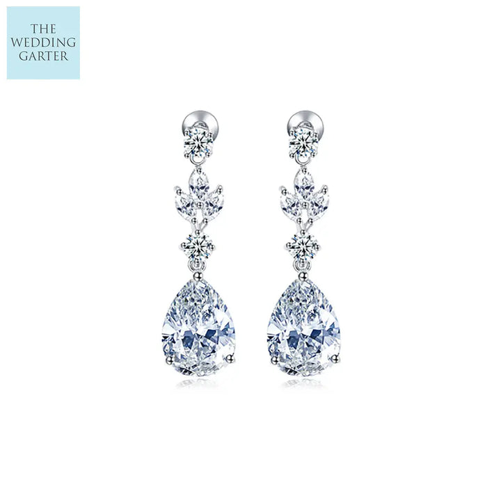 Pear Cubic Zirconia Crystal Dangle Drop Wedding Earrings - The Wedding Garter
