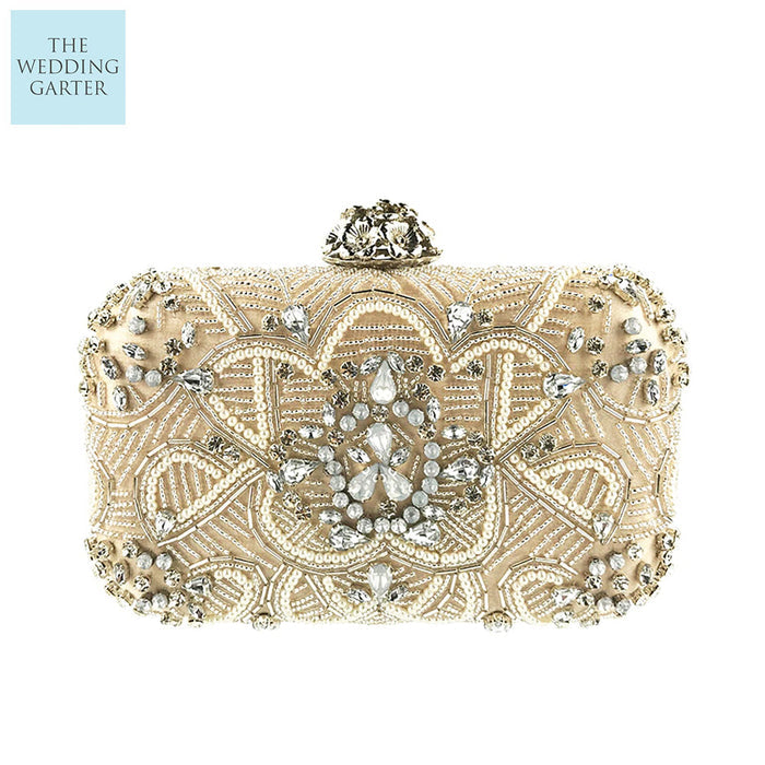 Pearl & Crystal Beaded Champagne Evening Bag - The Wedding Garter