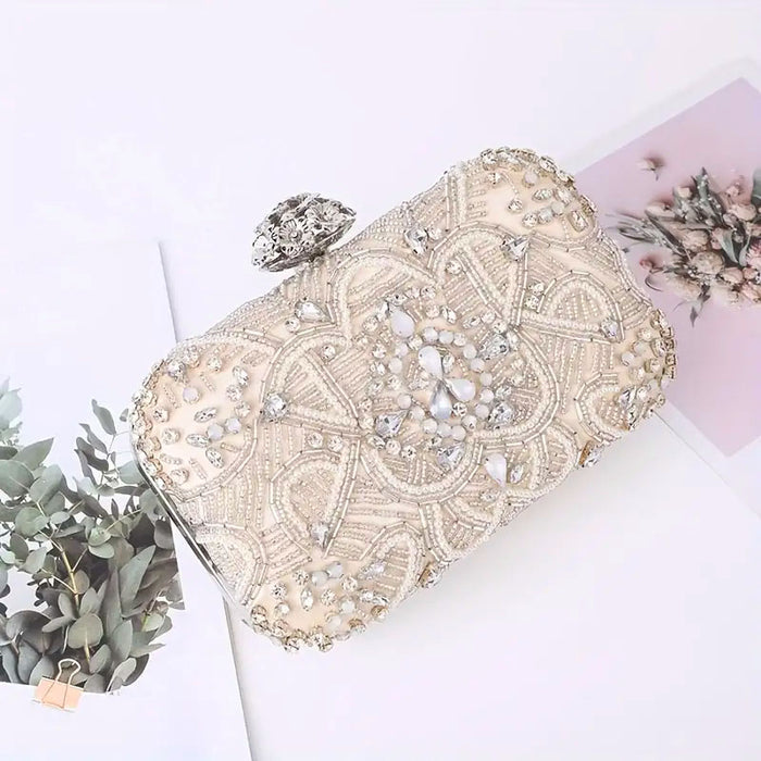 Pearl & Crystal Beaded Champagne Evening Bag - The Wedding Garter