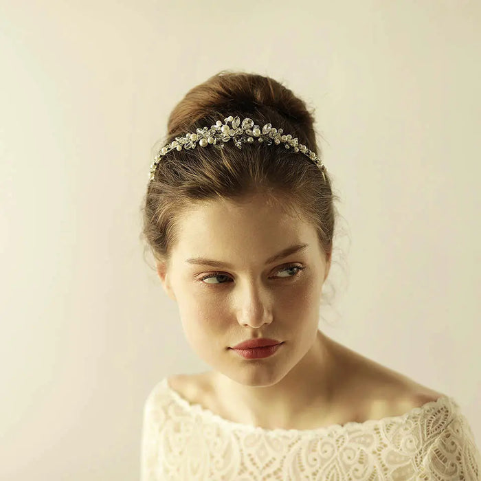 silver wedding headband pearls