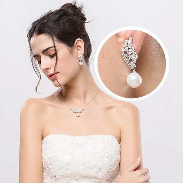 Pearl & Cubic Zirconia Pendant Drop Bridal Earrings - The Wedding Garter